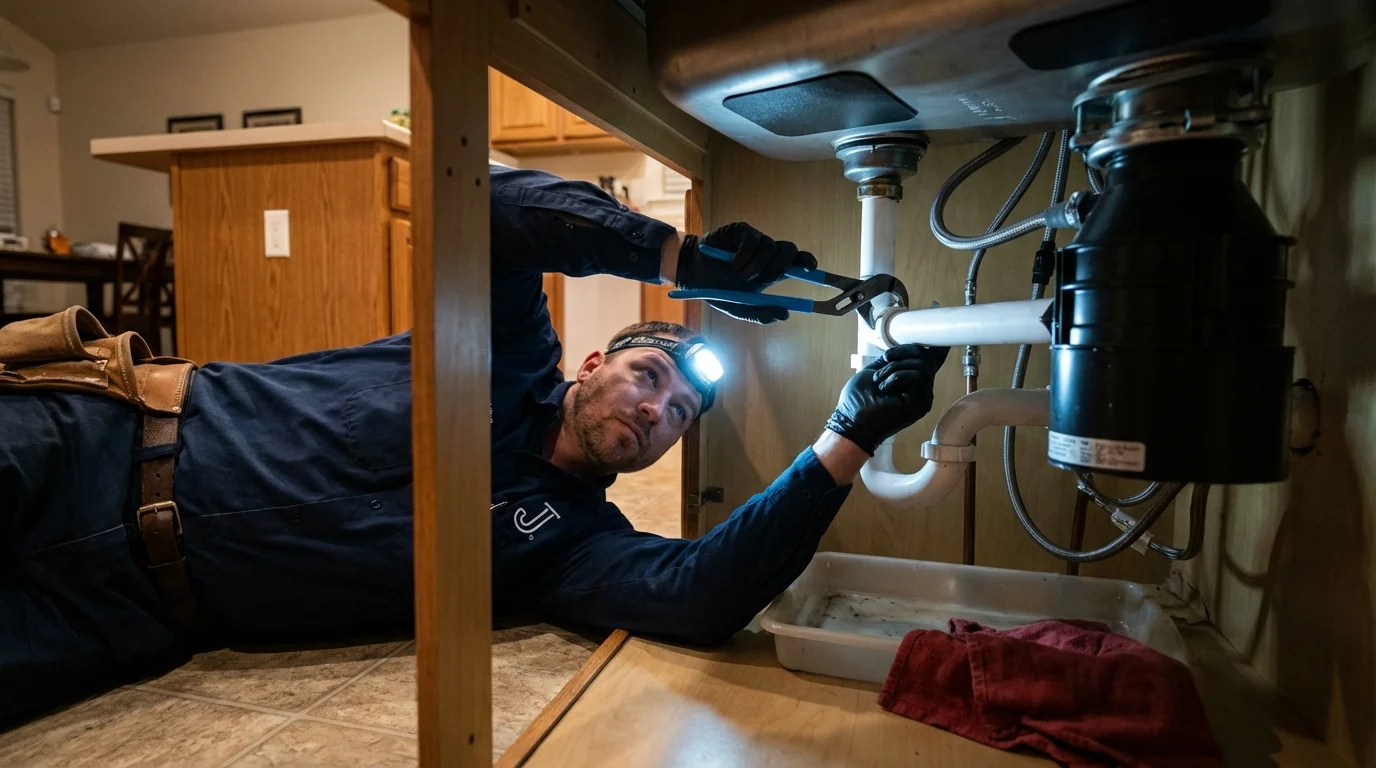 P-trap and supply line connections under a kitchen sink showing a common leak point in Decatur, MI